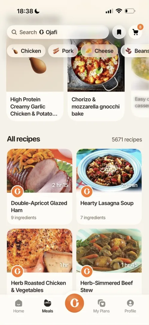 The recipes screen of the Ojafi app, an early preview